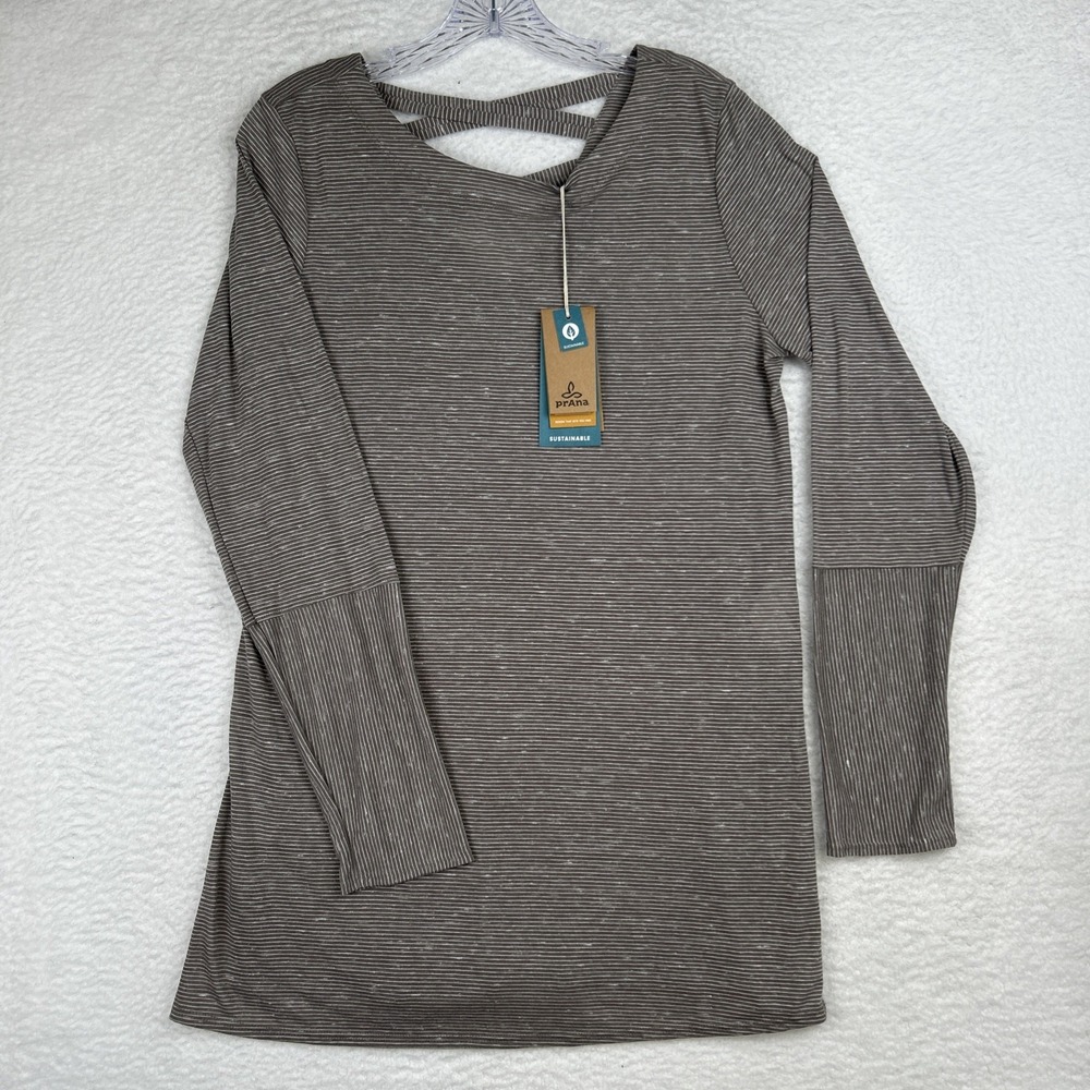 NWT prAna Esme Tunic Top Criss Cross Back Long Sleeve Tan Striped USA Made Large